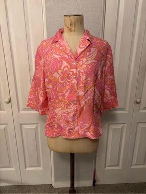 Vintage Y2K 100% Silk Poppy Print Pink And Orange Buttondown Size 16